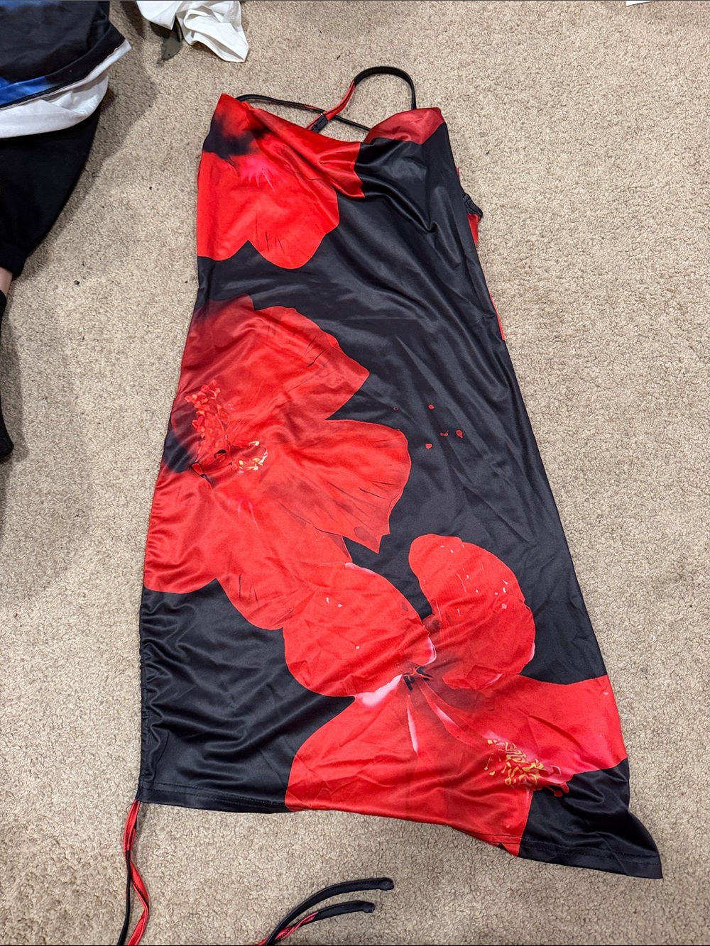 SHEIN Black Slip Midi Dress with Red Floral Print